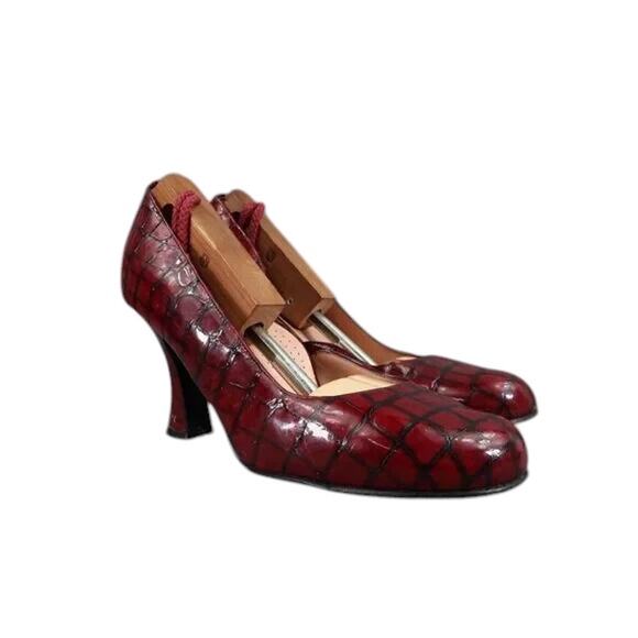 Anyi Lu Shoes Women 40 Pumps Patent Leather Red Croc Embossed Fashion Spool Heel - Picture 1 of 16